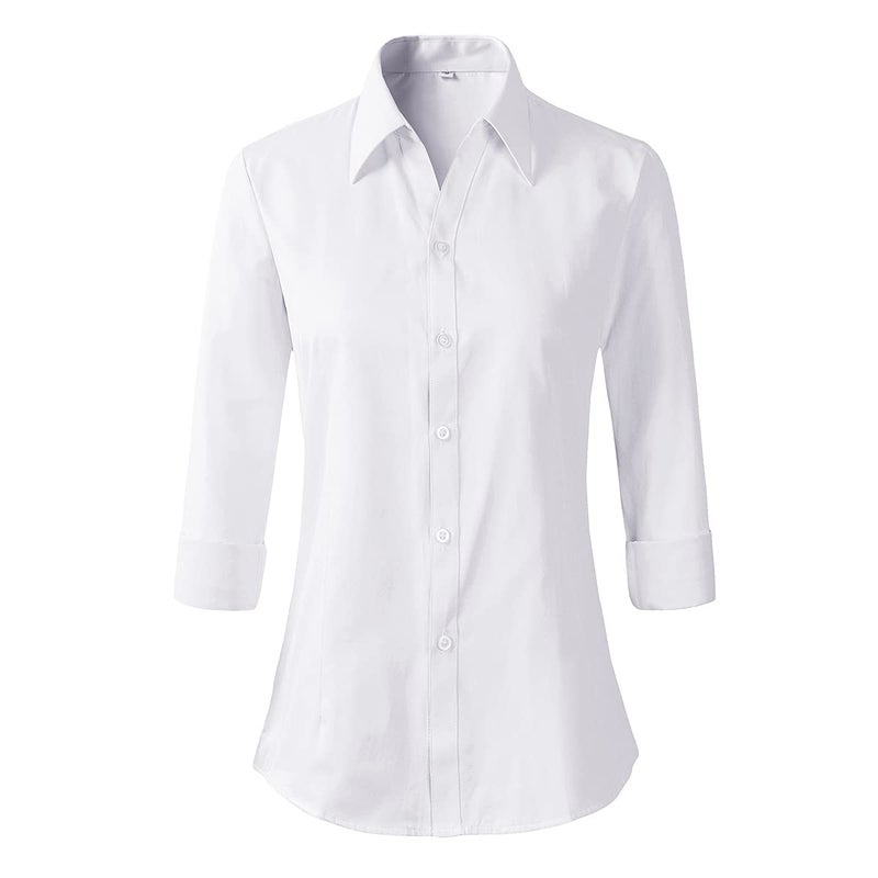 Beninos Long Sleeve V Neck Office Formal Casual Button Down Shirt Blouse for Women (686 White, S) - Image 1